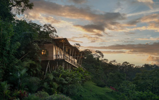 A luxury hillside villa at Origins Lodge overlooks lush forest and distant peaks, bathed in golden sunset light. 