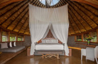 Spacious canopy bedroom with wooden interiors and panoramic jungle views at Origins Lodge. 