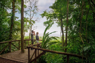 Guests enjoy panoramic views from a wooden deck nestled in the tree canopies of Costa Rica's lush rainforest. 