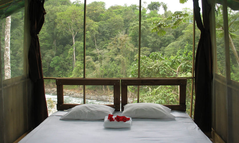A cozy bungalow bedroom with large windows opens to lush rainforest views at Pacuare River Lodge. 