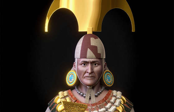 Forensic artistry brings the Lord of Sipan to life, crowned in gold and adorned in regal Moche finery. 