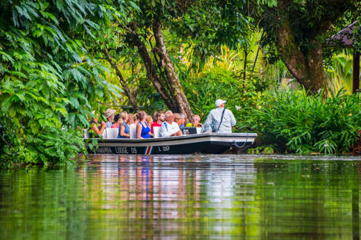 Tourists explore the lush waterways of Tortuguero National Park by boat, guided through the dense tropical jungle. 