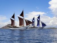 Traditional Indonesian phinisi schooners sailing near Komodo National Park under a bright sky and calm ocean waters. 