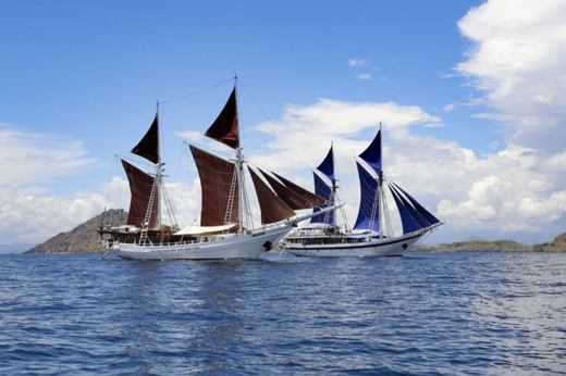 Traditional Indonesian phinisi schooners sailing near Komodo National Park under a bright sky and calm ocean waters. 