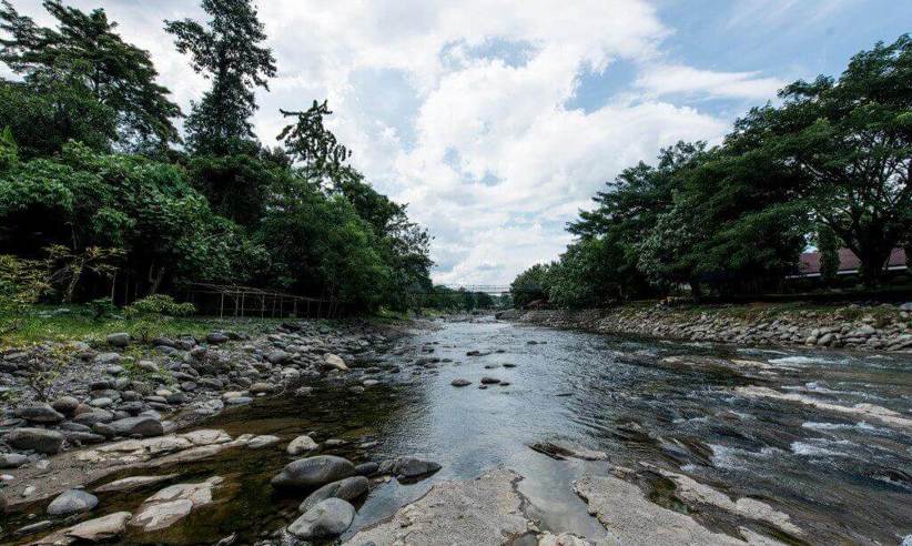 Scenic view of the Bohorok River near Bukit Lawang Ecolodge, Sumatra surrounded, by lush jungle forest. 
