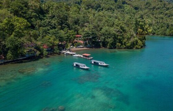 A tranquil resort sits on turquoise waters, surrounded by dense jungle on a peaceful Indonesian island shoreline. 