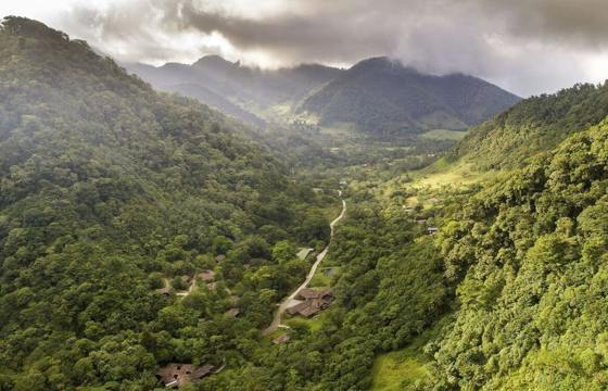 An aerial view of El Silencio Lodge surrounded by lush cloud forest in Bajos del Toro, Costa Rica. 