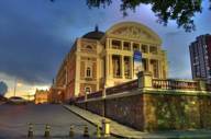 Exterior view of the historic Amazon Theatre ( Teatro Amazonas) opera house at sunset in Manaus, Brazil. 