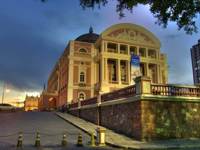 Exterior view of the historic Amazon Theatre ( Teatro Amazonas) opera house at sunset in Manaus, Brazil. 
