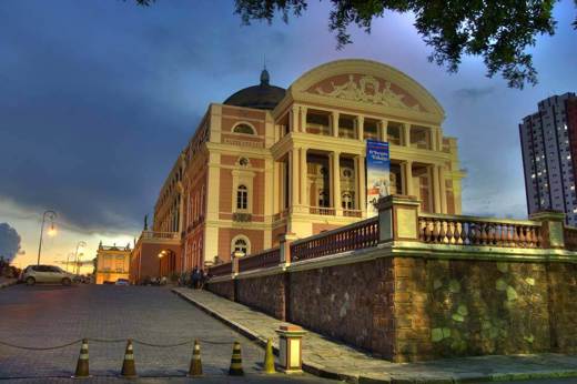 Exterior view of the historic Amazon Theatre ( Teatro Amazonas) opera house at sunset in Manaus, Brazil. 