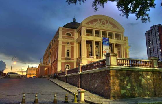 Exterior view of the historic Amazon Theatre ( Teatro Amazonas) opera house at sunset in Manaus, Brazil. 