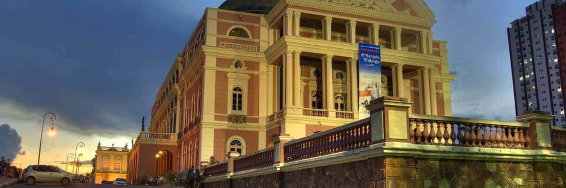 Exterior view of the historic Amazon Theatre ( Teatro Amazonas) opera house at sunset in Manaus, Brazil. 