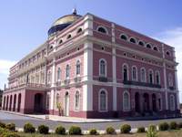 Exterior of the historic pink Teatro Amazonas opera house in Manaus. 