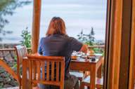 The restaurant has views of the sea