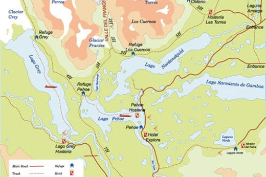 Illustrated map showing trekking routes and highlights within Torres del Paine National Park in Chilean Patagonia. 