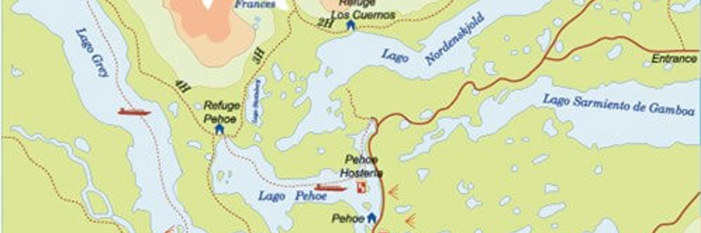Illustrated map showing trekking routes and highlights within Torres del Paine National Park in Chilean Patagonia. 