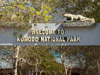 Entrance sign to Komodo National Park in Indonesia, featuring a carved Komodo dragon statue and shaded by forest trees. 