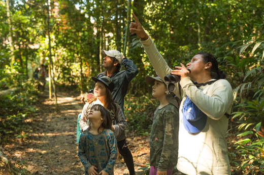 A naturalist guide leads a family through the lush trails of Refugio Amazonas in Peru's jungle. 