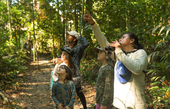 A naturalist guide leads a family through the lush trails of Refugio Amazonas in Peru's jungle. 