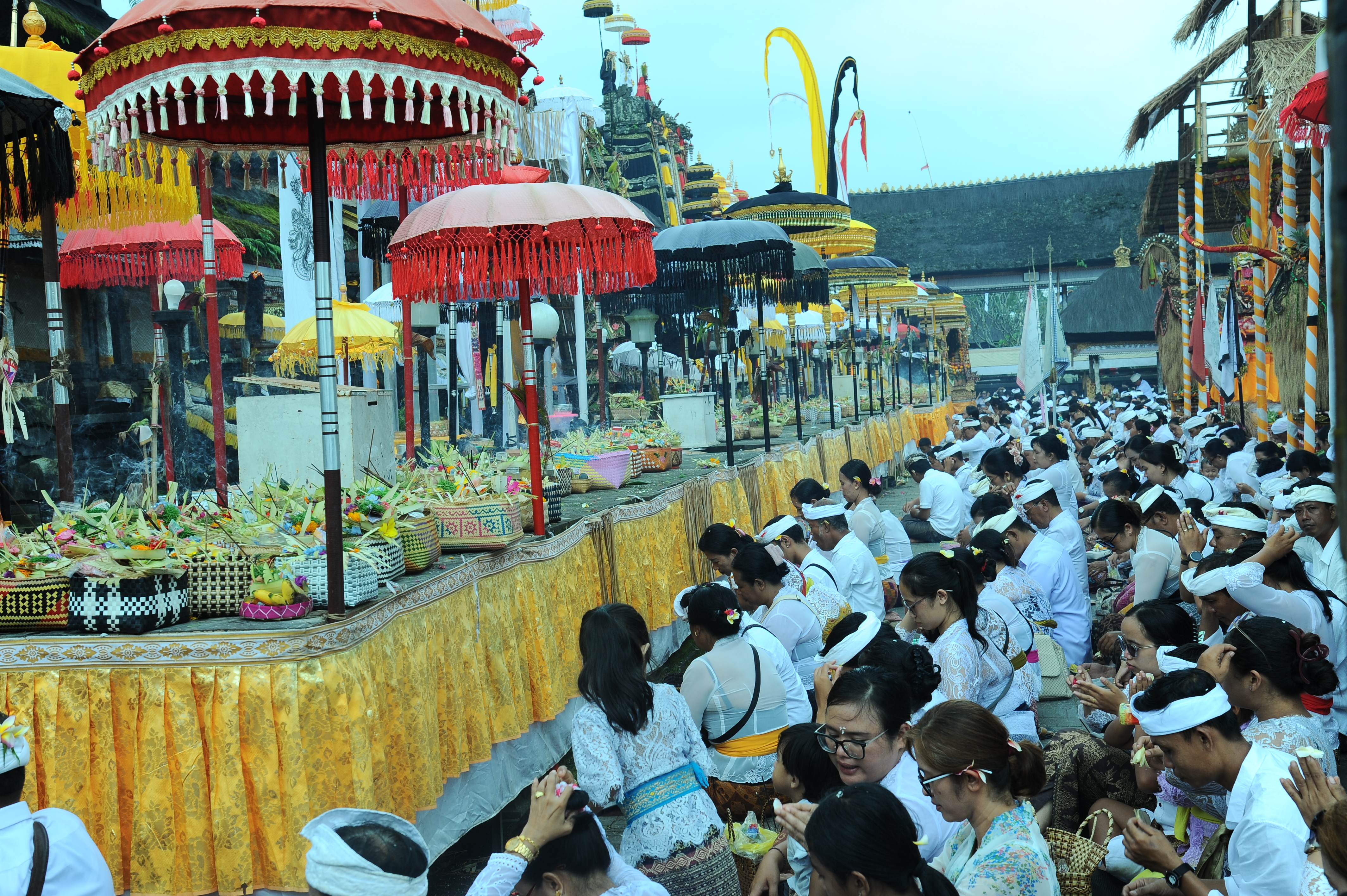 Worshippers in white kneel with offerings under vibrant parasols during the Galungan festival in Bali, Indonesia. 