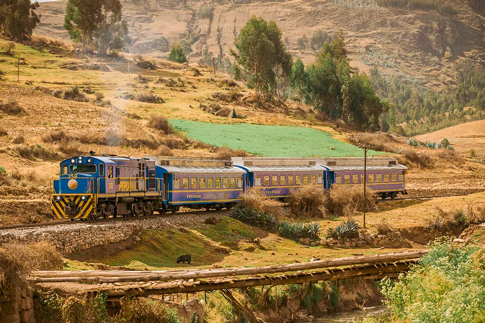 Expedition train traveling through the Sacred Valley with golden fields and Andean mountains in the background. 