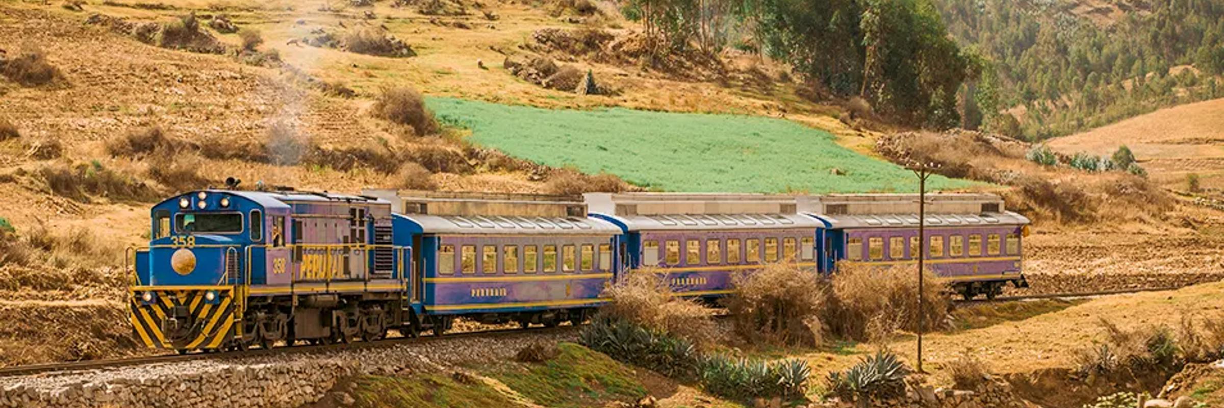 Expedition train traveling through the Sacred Valley with golden fields and Andean mountains in the background. 
