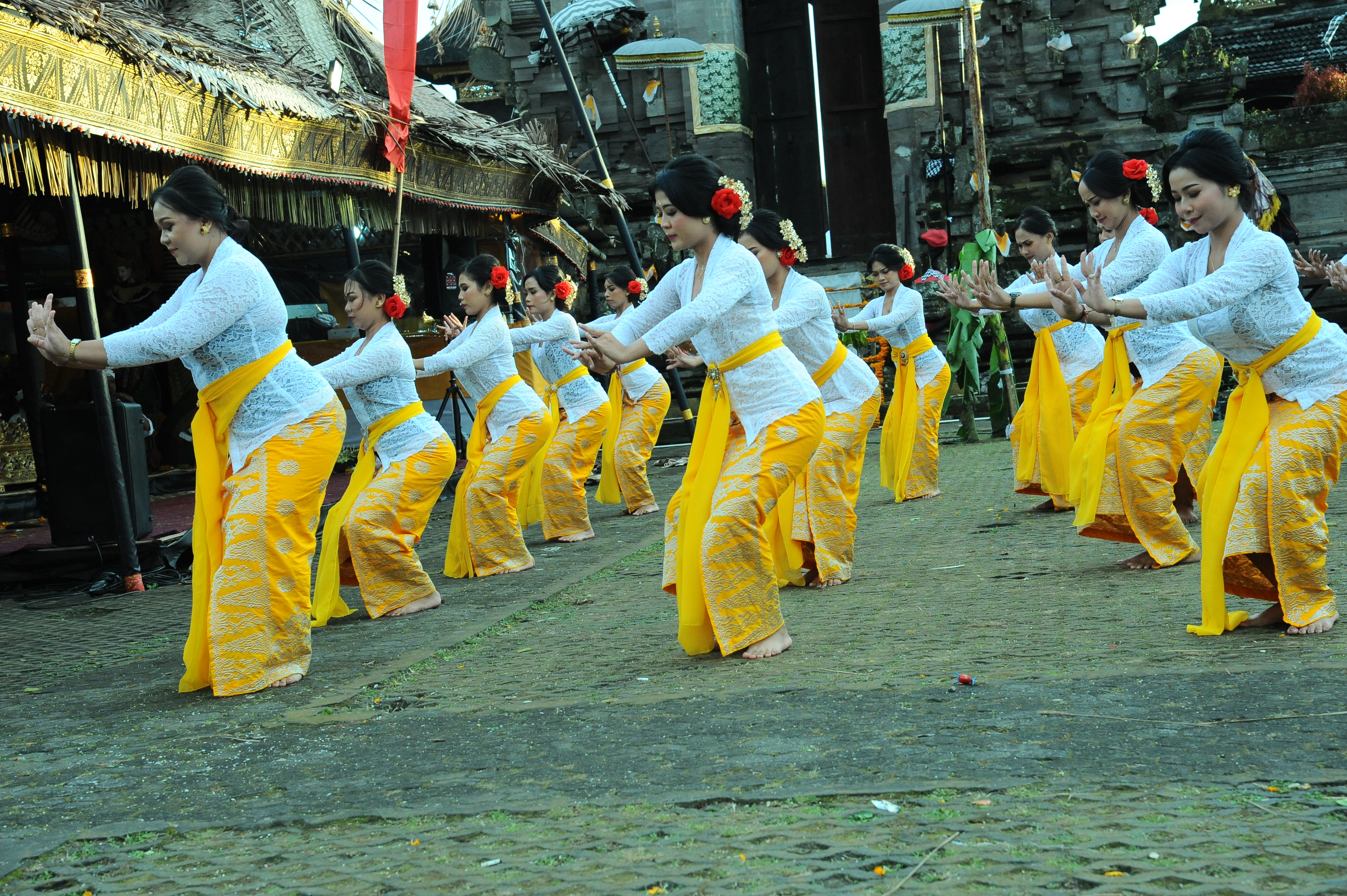 Balinese women in traditional dress perform a synchronized temple dance during the Galungan festival in Bali, Indonesia. 