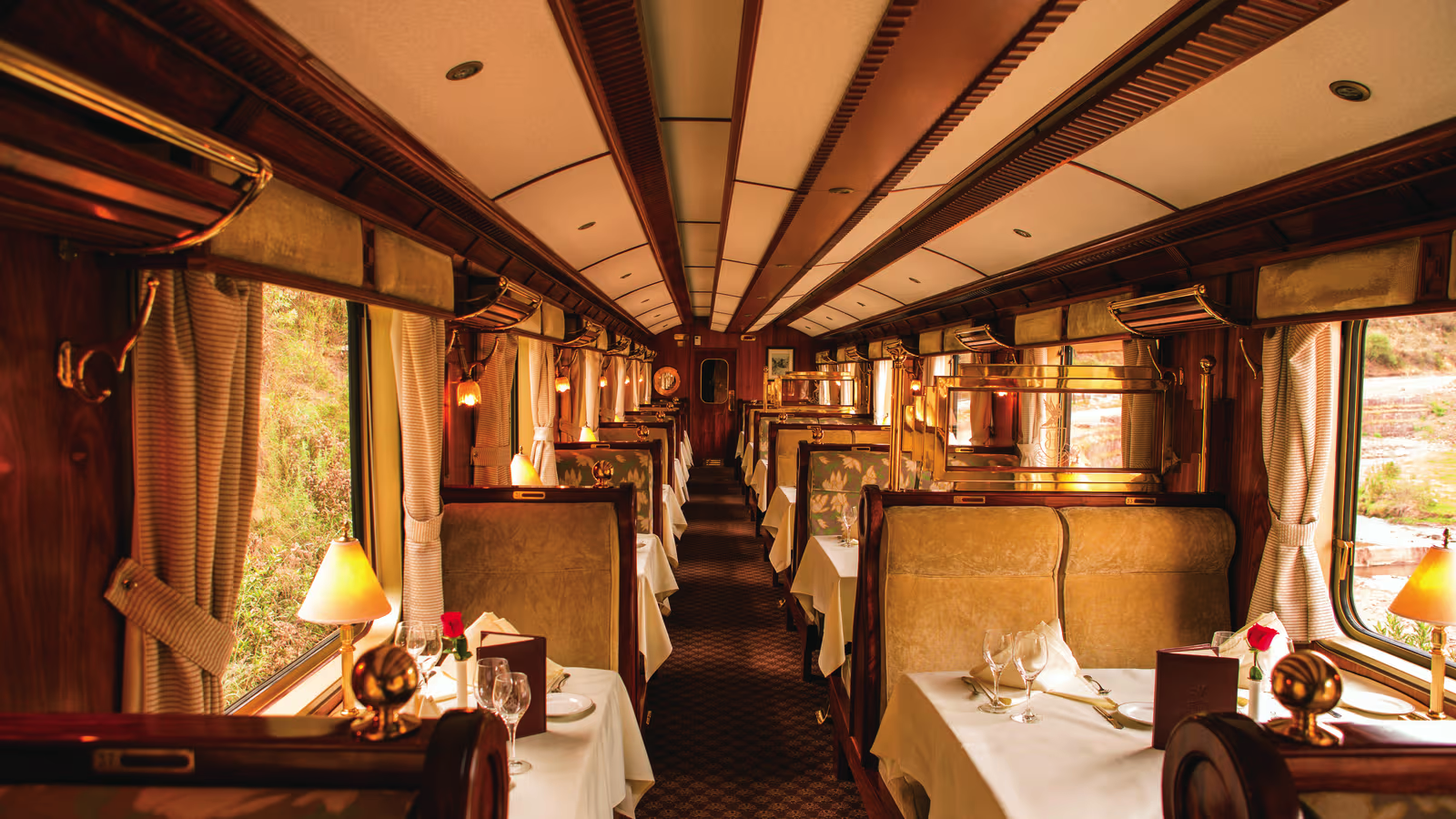 Elegant dining car on the Hiram Bingham train to Machu Picchu, Peru. 