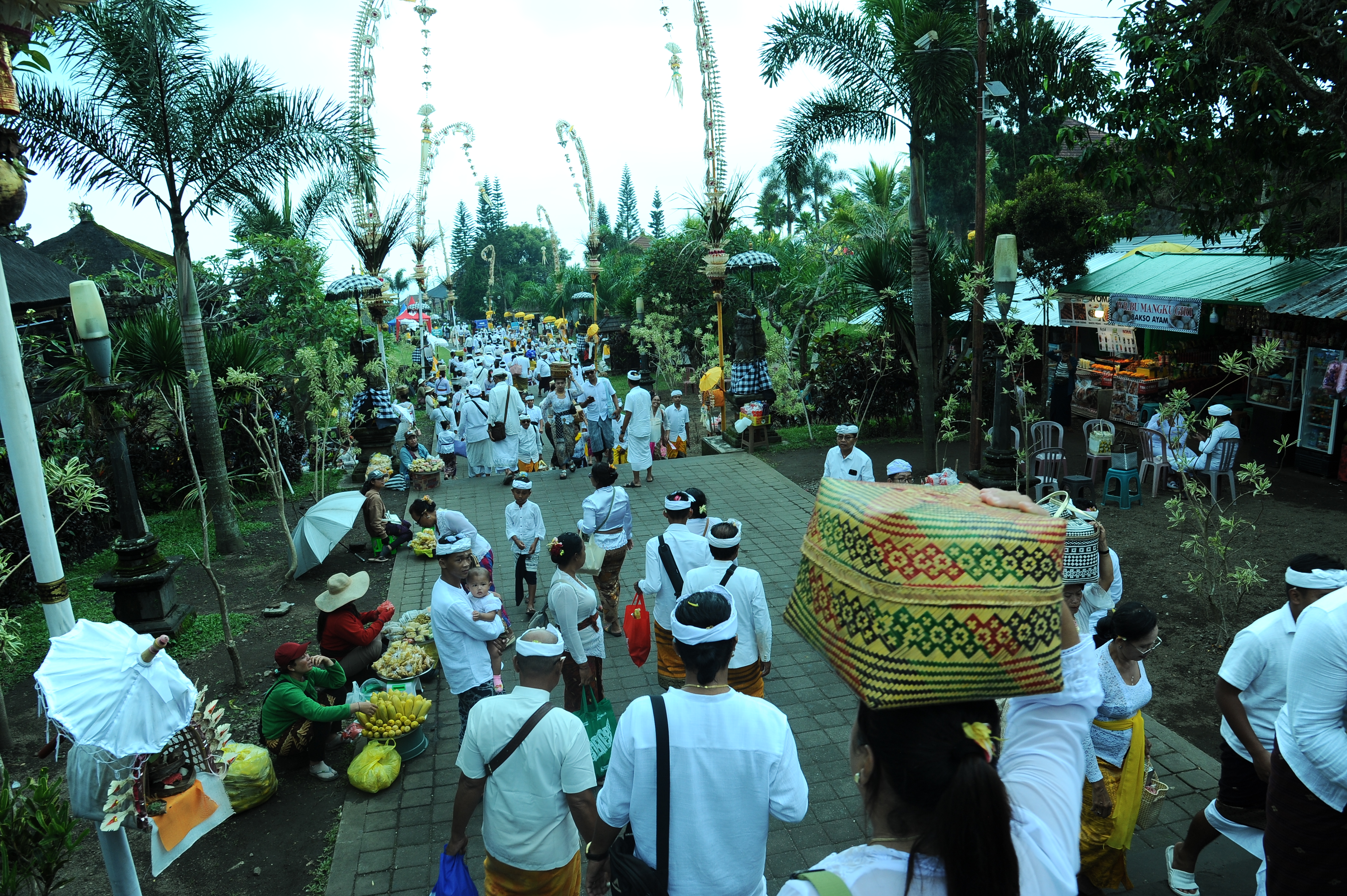 Balinese locals in white attire walk in a ceremonial temple procession in Munduk. 
