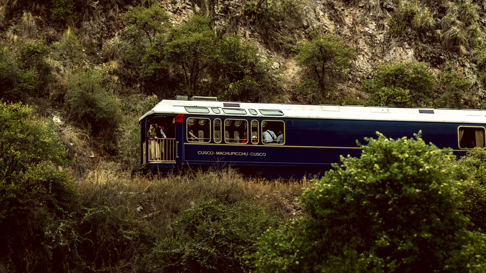 Belmond Hiram Bingham train on the scenic route to Machu Picchu, Peru. 