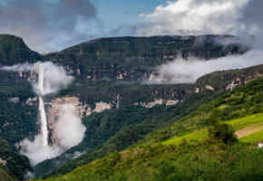 The majestic Gocta Waterfall cascades down the cloud forest mountains near Chachapoyas in northern Peru. 