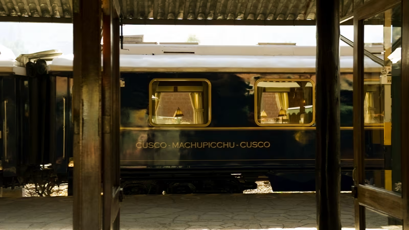 View of the luxury Cusco to Machu Picchu train at the station, ready for departure. 