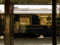 View of the luxury Cusco to Machu Picchu train at the station, ready for departure. 