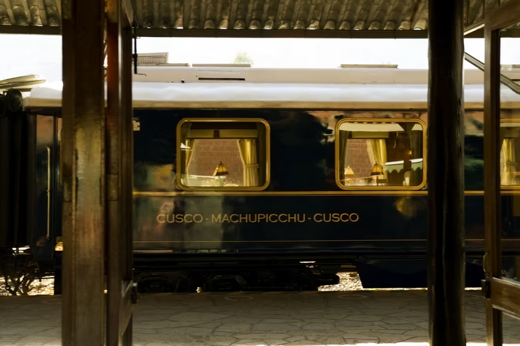 View of the luxury Cusco to Machu Picchu train at the station, ready for departure. 